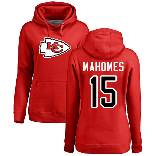 Women Football Kansas City Chiefs 15 Mahomes Patrick Red Name and Number Logo Pullover Hoodie